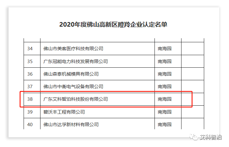 2020年度佛山高新区瞪羚企业