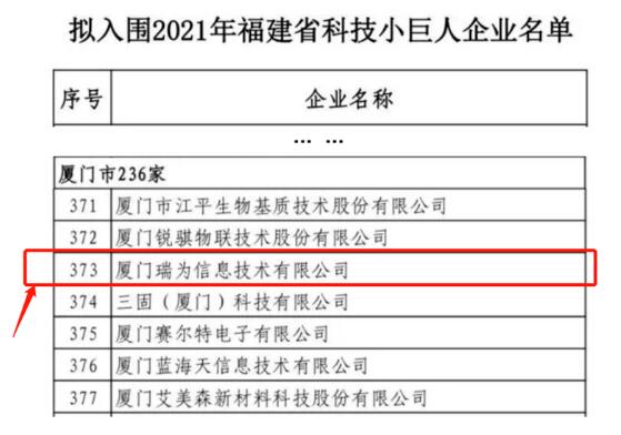 赞！瑞为技术入围2021福建省科技小巨人企业名单