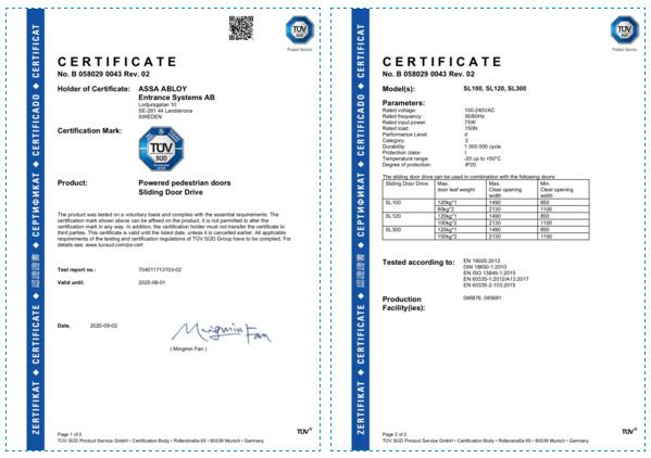 SL300自动平滑门通过率TÜV认证的产品标准检测